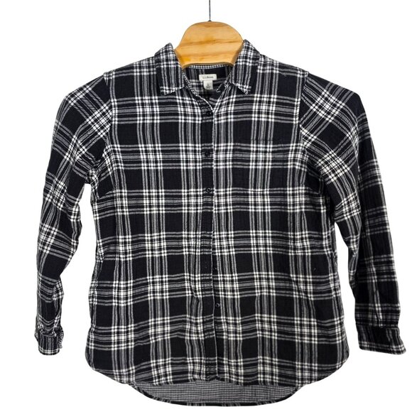 L.L .Bean Women's Long Sleeve Flannel Shirt Large Button Up Black/Gray/White - Picture 2 of 6